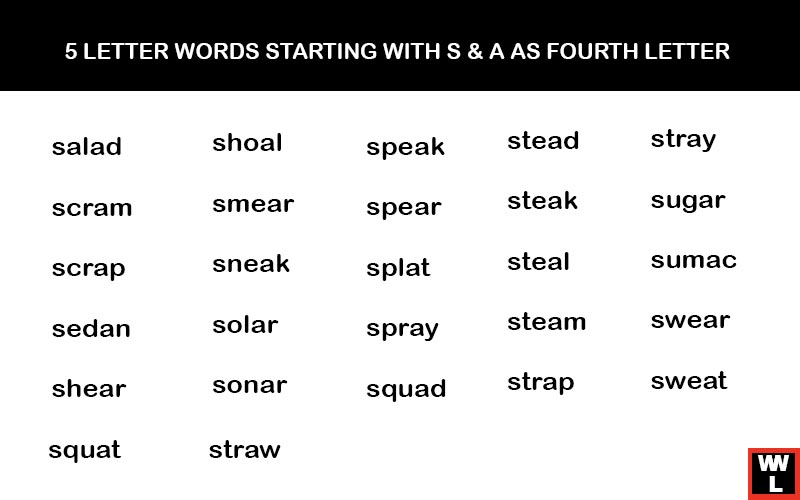 5 letter word starts with s fourth letter a